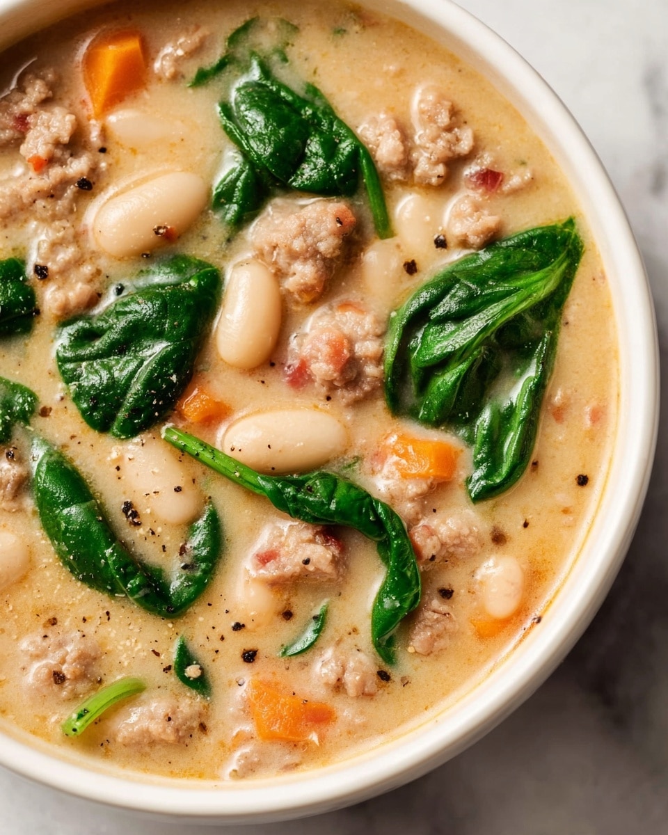 A white bowl filled with thick soup showing around five layers. The bottom layer is creamy light orange broth, slightly smooth in texture. On top, there are medium green spinach leaves scattered throughout, adding color contrast. White beans float in the soup, round and plump, mixed with soft chunks of light brown ground meat and small pieces of orange carrot. There is also a silver spoon resting inside the bowl, partly submerged in the soup. The bowl sits on a white marbled surface. Photo taken with an iphone --ar 4:5 --v 7