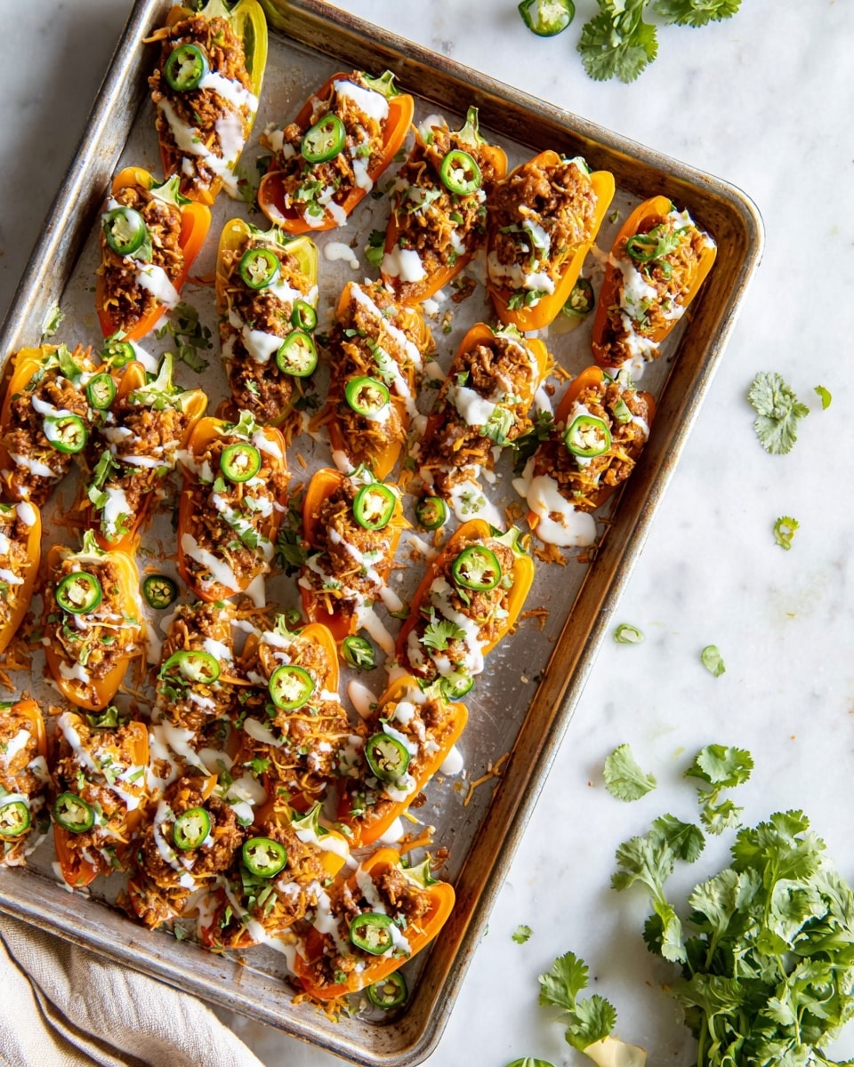 The image shows a large metal tray filled with about 30 small orange and yellow pepper halves, each stuffed with a layer of cooked, brown seasoned meat mixed with small bits of yellow cheese. On top of this filling, there are thin slices of green jalapeños and small pieces of green cilantro leaves scattered across the peppers. White creamy sauce is drizzled lightly over all the pepper bites, adding a contrasting texture. The tray rests on a white marbled surface with some fresh cilantro on the bottom right corner and a folded light beige cloth on the left side. Photo taken with an iphone --ar 4:5 --v 7