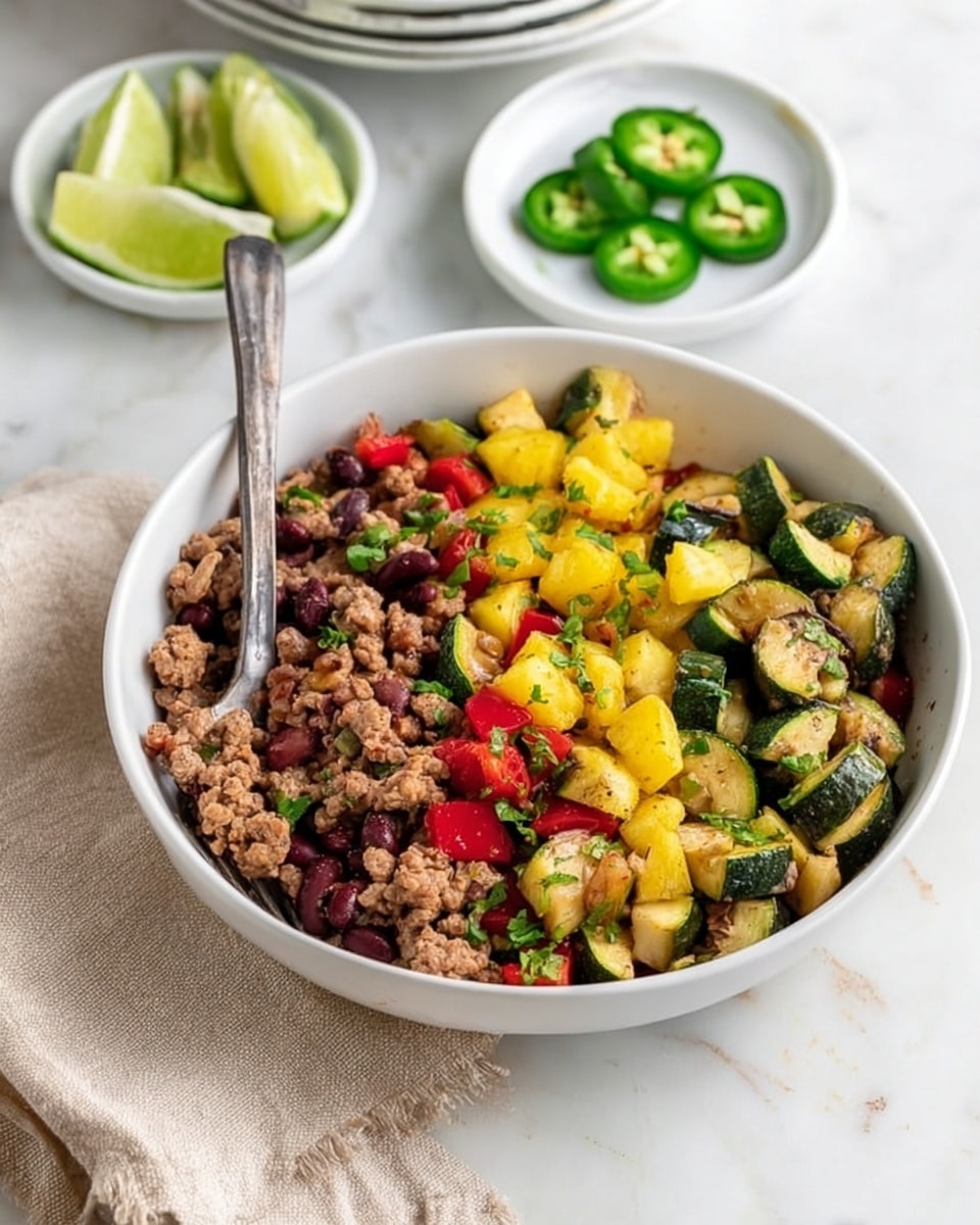 A white bowl filled with three main layers: the bottom layer is a mix of cooked brown ground meat and small red beans, the middle layer contains cooked green zucchini pieces and diced red bell peppers, and the top layer has bright yellow chunks, likely cooked pineapple or squash. A silver fork is placed inside the bowl, resting on the food. In the background and to the side are white plates and a small white saucer with two lime wedges and sliced green jalapeño. Everything is on a white marbled surface with a beige cloth nearby. photo taken with an iphone --ar 4:5 --v 7