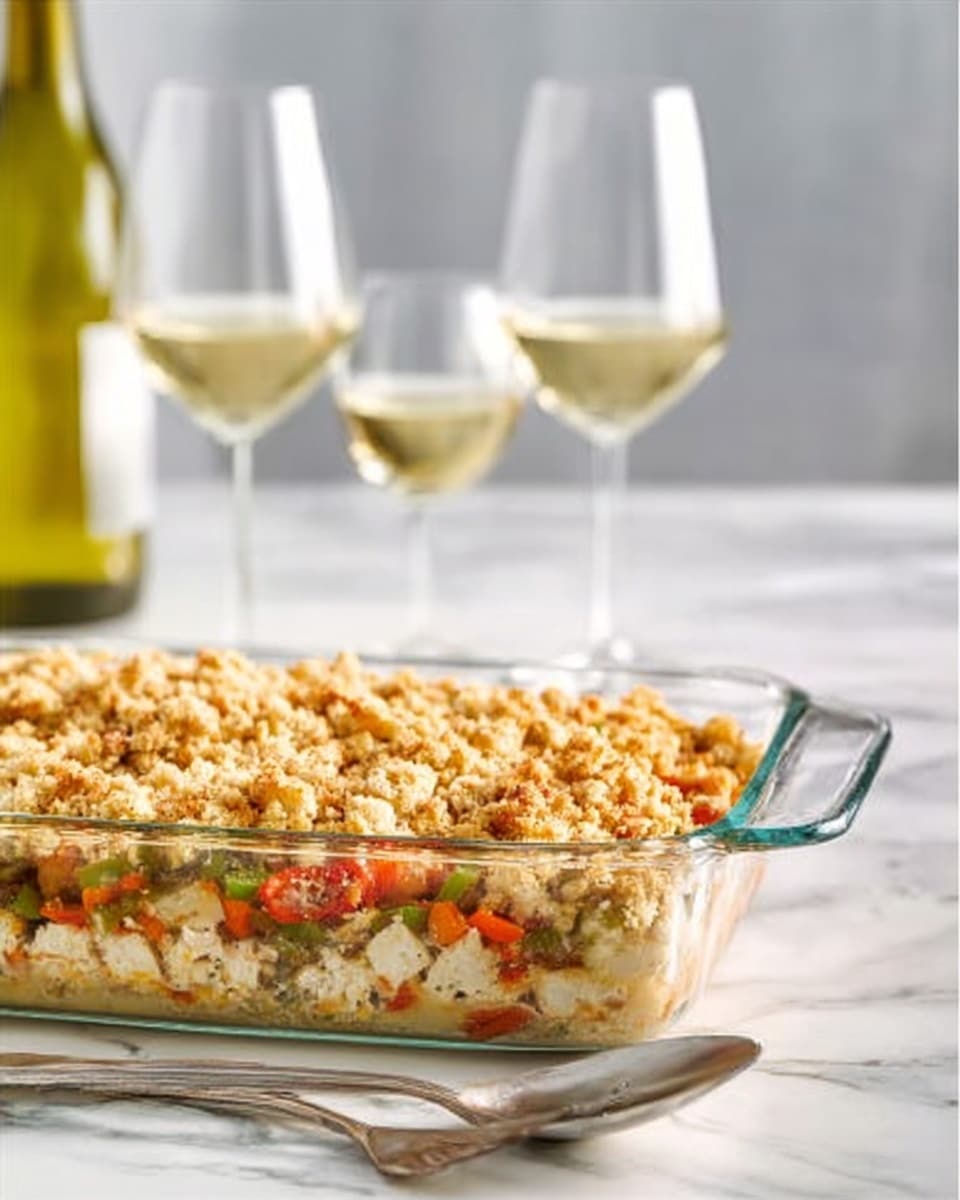 A clear glass baking dish filled with a creamy casserole that has a golden brown, slightly crispy top layer with small bubbles and uneven textures. The casserole has visible layers of soft, light beige stew with chunks of white meat and pieces of orange carrot mixed in, creating a thick, hearty base below the browned surface. The dish sits on a white marbled countertop with a blurred background of light colors and two glasses containing a pale yellow drink. photo taken with an iphone --ar 4:5 --v 7