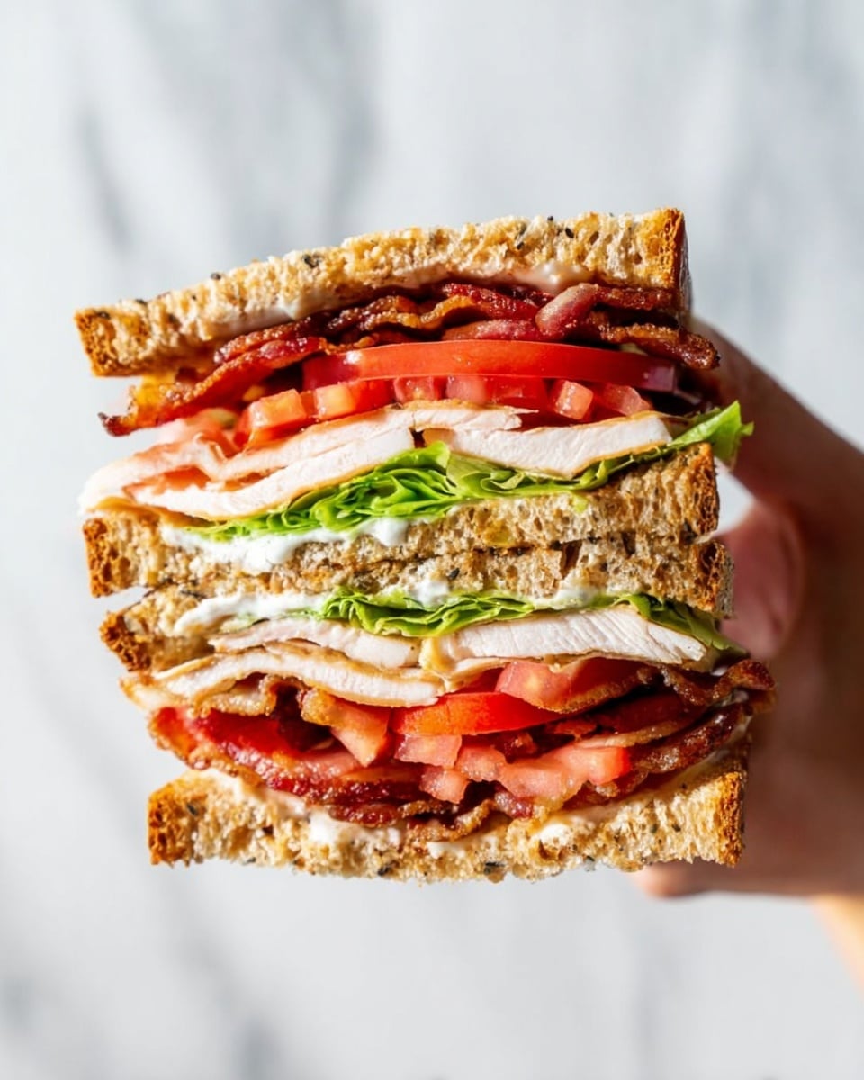 A large sandwich held by a woman's hand shows three layers of toasted multigrain bread, each with a rough texture and golden brown color. Between the bread slices are layers of crispy bacon with reddish browns and dark edges, fresh green lettuce leaves, thick white slices of turkey, and bright red tomato pieces that look juicy. The sandwich layers are stacked neatly, revealing all the ingredients clearly against a white marbled background. Photo taken with an iphone --ar 4:5 --v 7