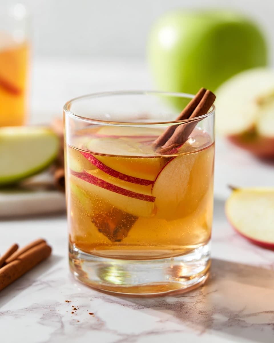 A clear glass filled with a light amber drink that has thin red apple slices floating inside and a single cinnamon stick standing upright towards the back. The glass sits on a white marbled surface with a few cinnamon sticks scattered nearby. In the background, a whole green apple and some more apple slices are slightly blurred. The lighting is soft and natural, highlighting the warm tones of the drink and the smooth texture of the glass. photo taken with an iphone --ar 4:5 --v 7