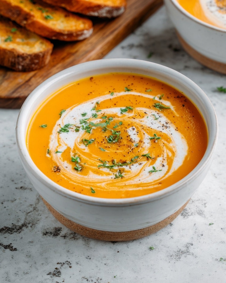 A white bowl filled with smooth orange soup, topped with a swirl of white cream that spirals from the center outward. Small green herb pieces and a light sprinkle of black pepper are scattered on the cream, adding texture and color contrast. The bowl sits on a white marbled surface, and toasted bread slices are partially visible in the background on a wooden board, adding a warm golden brown tone to the scene. photo taken with an iphone --ar 4:5 --v 7