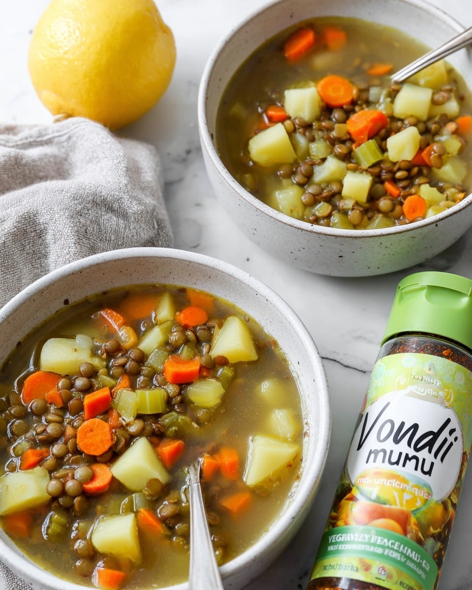 Two white bowls filled with vegetable lentil soup sit on a white marbled surface. Each bowl contains three visible layers: the base layer is a clear broth with small lentils, the middle layer has small diced light yellow potatoes mixed with pale green celery pieces, and the top layer shows bright orange carrot chunks scattered evenly. A silver spoon rests inside the bowl on the top right. To the left, a bright yellow lemon is partly in view, and to the bottom right, a seasoning bottle labeled