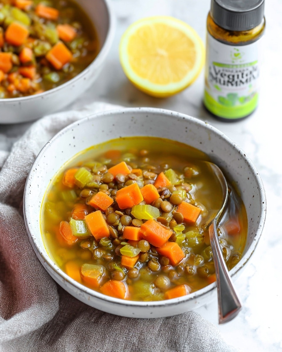 The image shows a white bowl filled with a colorful vegetable and lentil soup. The soup has visible layers of cubed orange carrots, pale green celery pieces, and small brown lentils all mixed in a clear broth. A metal spoon is partly inside the bowl, resting on the edge. The bowl is placed on a soft light gray cloth on a white marbled surface. In the background, there is another white bowl with the same soup and a yellow lemon along with a green-capped bottle labeled