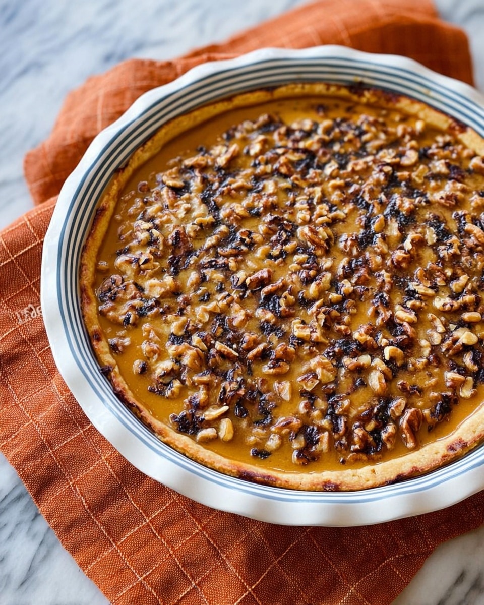 A golden-brown baked pie with a slightly shiny surface, topped with evenly spread chopped nuts that add a textured look, is placed in a white pie dish with a simple blue rim. The crust is light golden and visible along the edges, and the pie dish sits on a folded orange cloth over a white marbled surface. Photo taken with an iphone --ar 4:5 --v 7