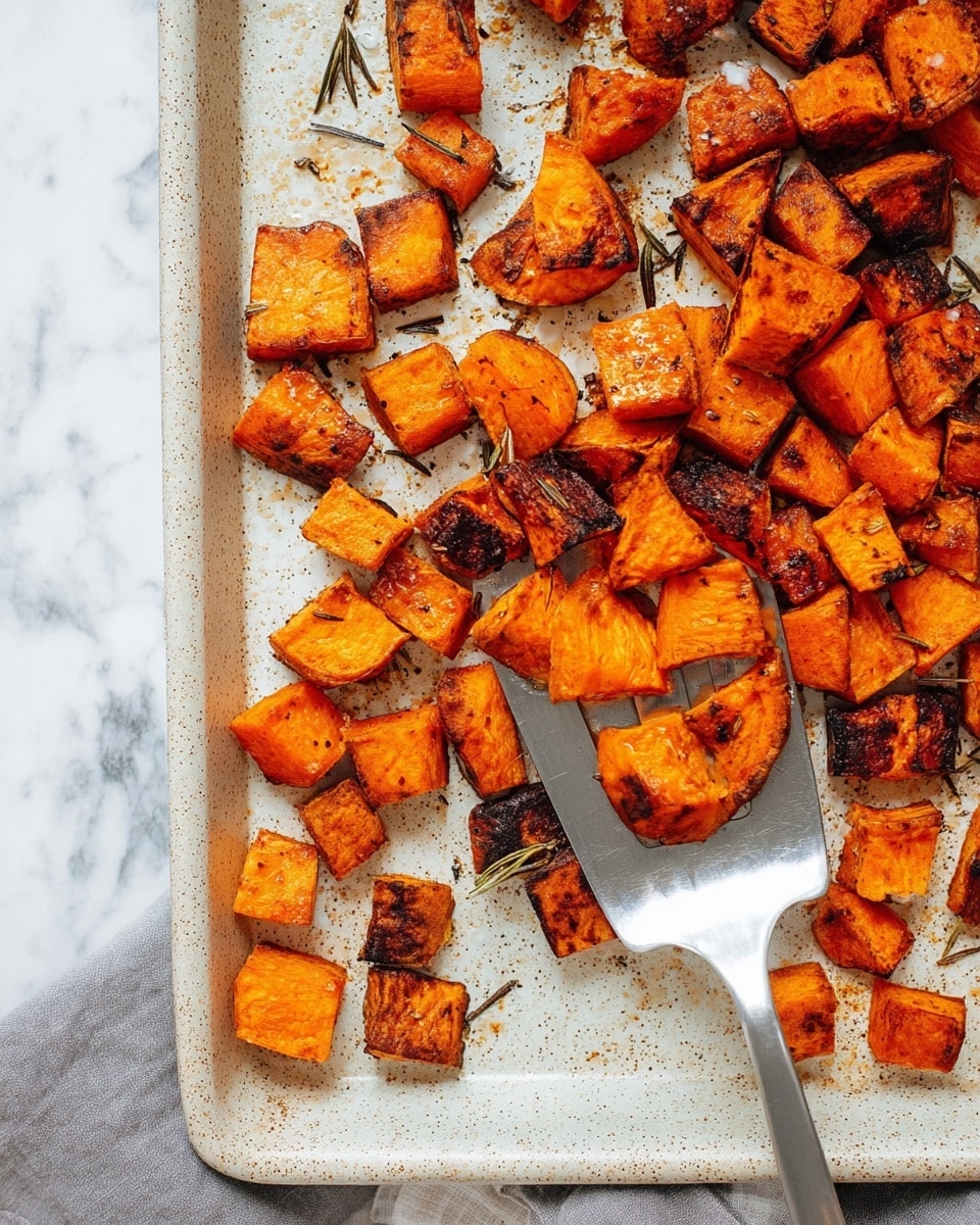 A white speckled baking tray holds many pieces of roasted sweet potato cubes with a mix of bright orange and dark brown charred edges, showing varying levels of roasting. Some pieces are slightly burnt, giving a crispy texture, while others are soft and smooth with a rich orange color. Scattered rosemary leaves and coarse salt are visible on the potatoes and tray. A metal spatula sits under some cubes, lifting them gently on the tray, and the whole scene is set on a white marbled surface. Photo taken with an iphone --ar 4:5 --v 7