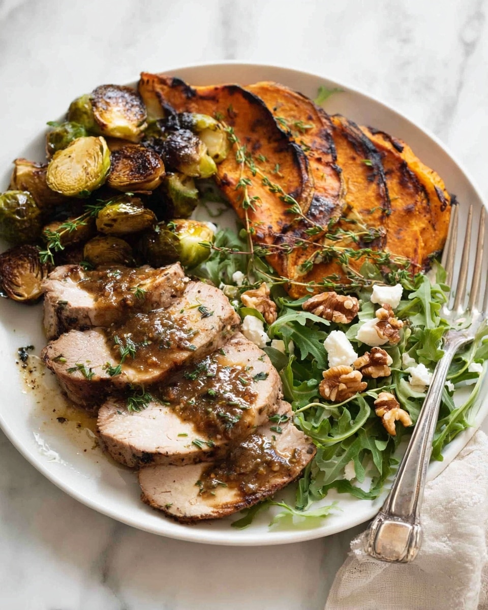A white plate on a white marbled surface holds a main layer of three slices of cooked meat with a brown herb sauce drizzled on top and fresh herbs for garnish. Above the meat, there is a layer of roasted Brussels sprouts with a caramelized texture and dark brown edges. On the right side of the plate, a layer of roasted sweet potato slices is placed on a bed of green leafy arugula, topped with crumbled white cheese and small walnut pieces. A silver fork rests on the edge of the plate. photo taken with an iphone --ar 4:5 --v 7