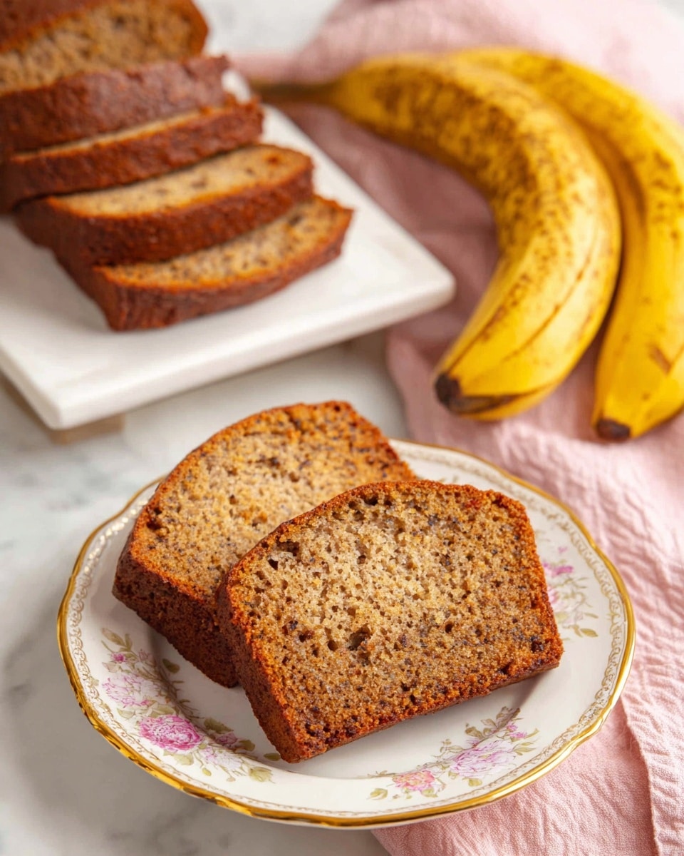 Two slices of brown banana bread with a moist texture and small darker spots sit on a white plate with floral patterns and a gold rim. Behind it, a white rectangular plate holds multiple more slices of the same bread arranged neatly in a diagonal row. To the right, three ripe bananas with brown spots rest on a white marbled surface. A soft pink cloth lies beside the plates, adding a gentle color contrast. Photo taken with an iphone --ar 4:5 --v 7