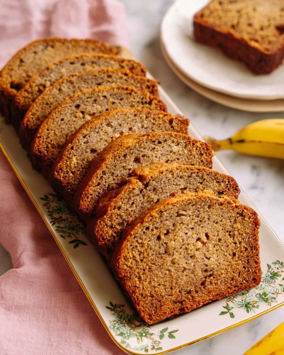 The image shows seven slices of brown banana bread arranged in a row on a white rectangular plate with a gold rim and green floral pattern. The bread slices have a moist texture with small air holes and darker specks throughout. In the background, there is a white round plate with two more slices of the same banana bread. A soft pink cloth is partially visible underneath that plate, and a yellow banana is slightly seen in the bottom right corner. The whole setup is on a white marbled surface. photo taken with an iphone --ar 4:5 --v 7