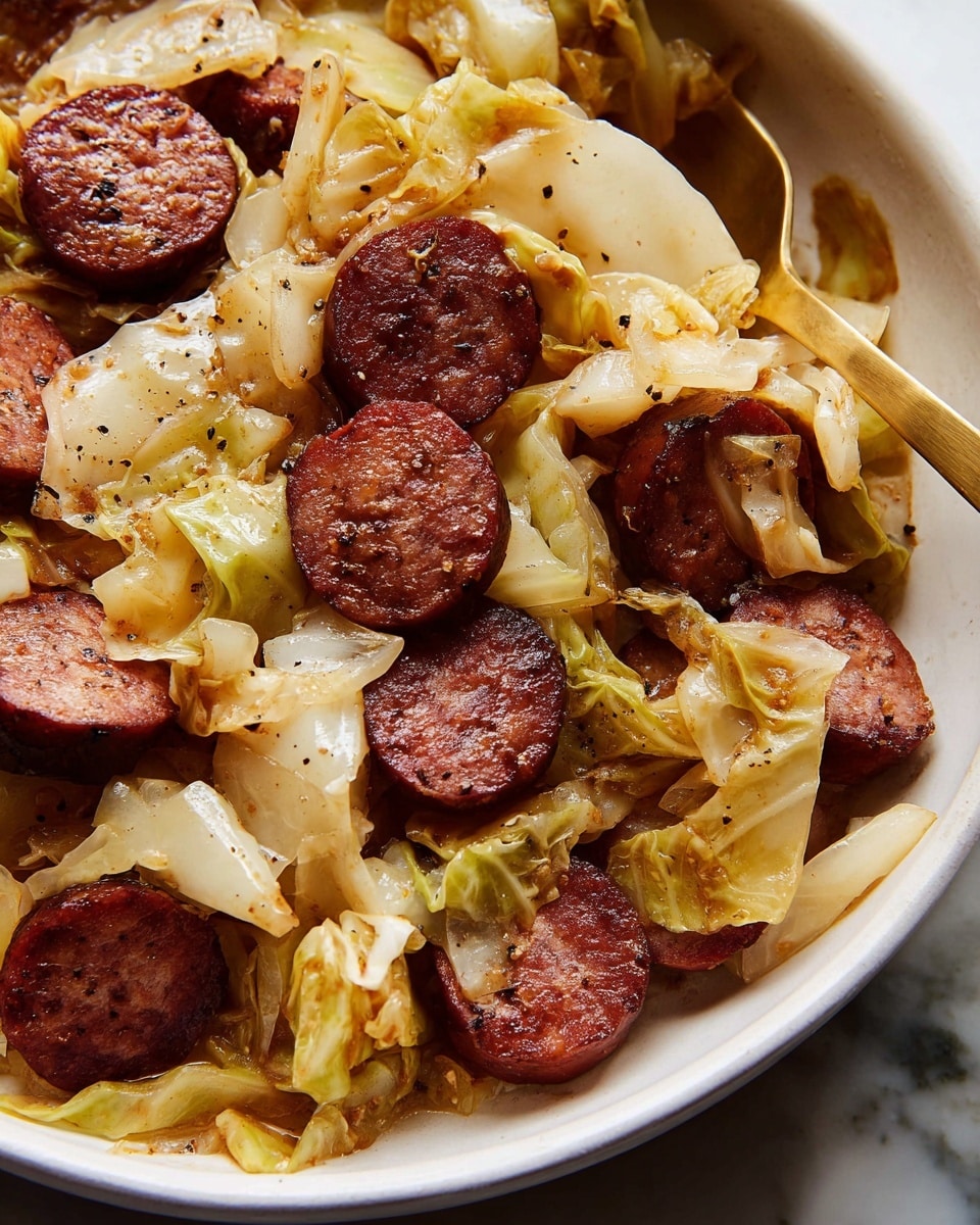 The dish shows a close-up of sliced sausage pieces that are browned with a rough texture and a deep reddish-brown color, surrounded by cooked cabbage leaves that are soft and translucent with a light yellow to pale green color, all mixed with visible specks of black pepper. The sausage slices and cabbage fill a white bowl, and a golden spoon is partially buried under some cabbage and sausage, reflecting light softly. The background and surface beneath the bowl have a white marbled texture. photo taken with an iphone --ar 4:5 --v 7