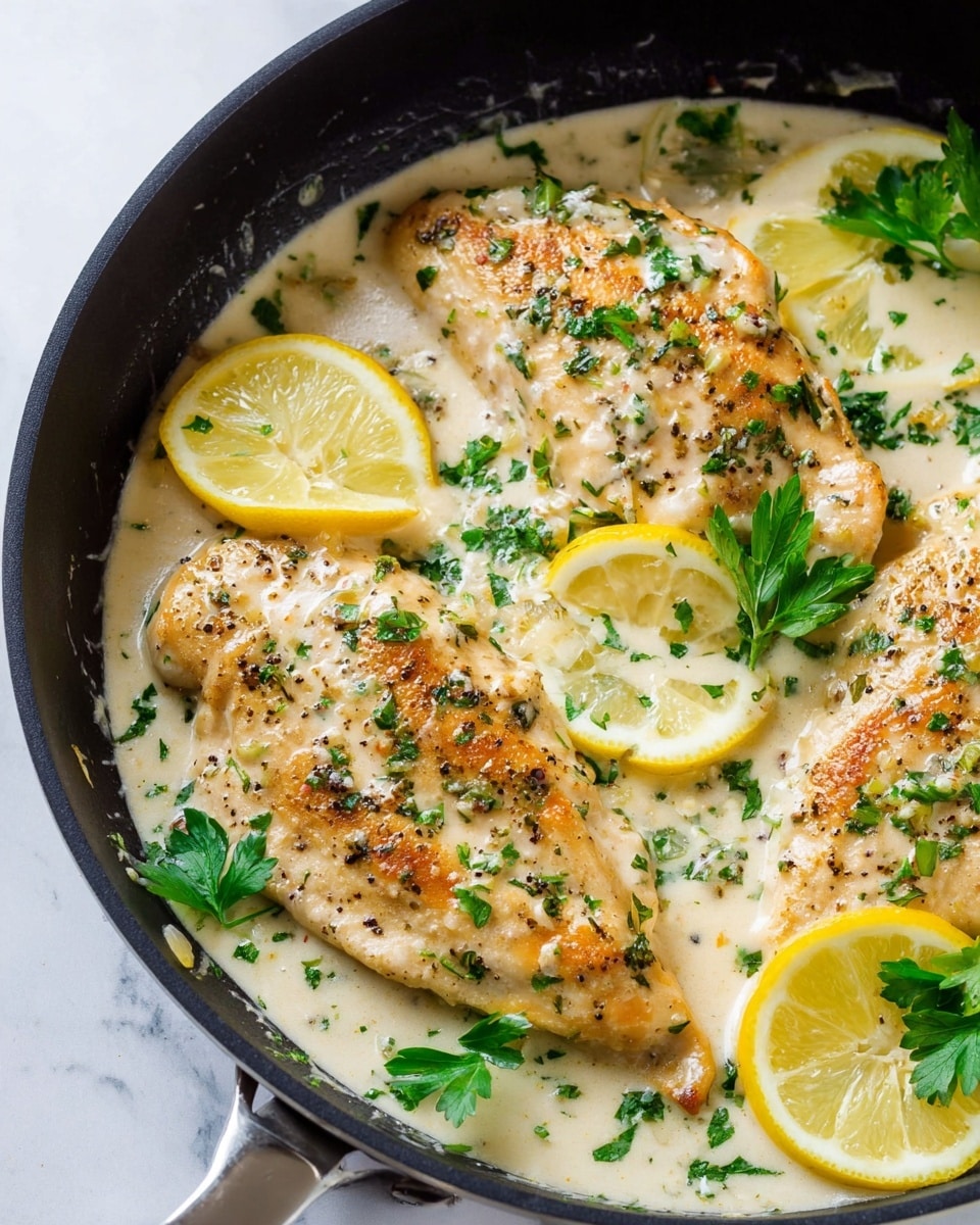 In a black pan, there are three pieces of cooked chicken lightly browned with visible herbs and pepper bits on top, sitting in a creamy white sauce. The sauce is smooth and covers the pan base, surrounding the chicken evenly. There are fresh green parsley leaves scattered on the chicken and sauce for color contrast. Thin, round lemon slices are placed on and between the chicken pieces, adding bright yellow and white tones. The pan handle is partially visible at the bottom left, all set on a white marbled surface. photo taken with an iphone --ar 4:5 --v 7
