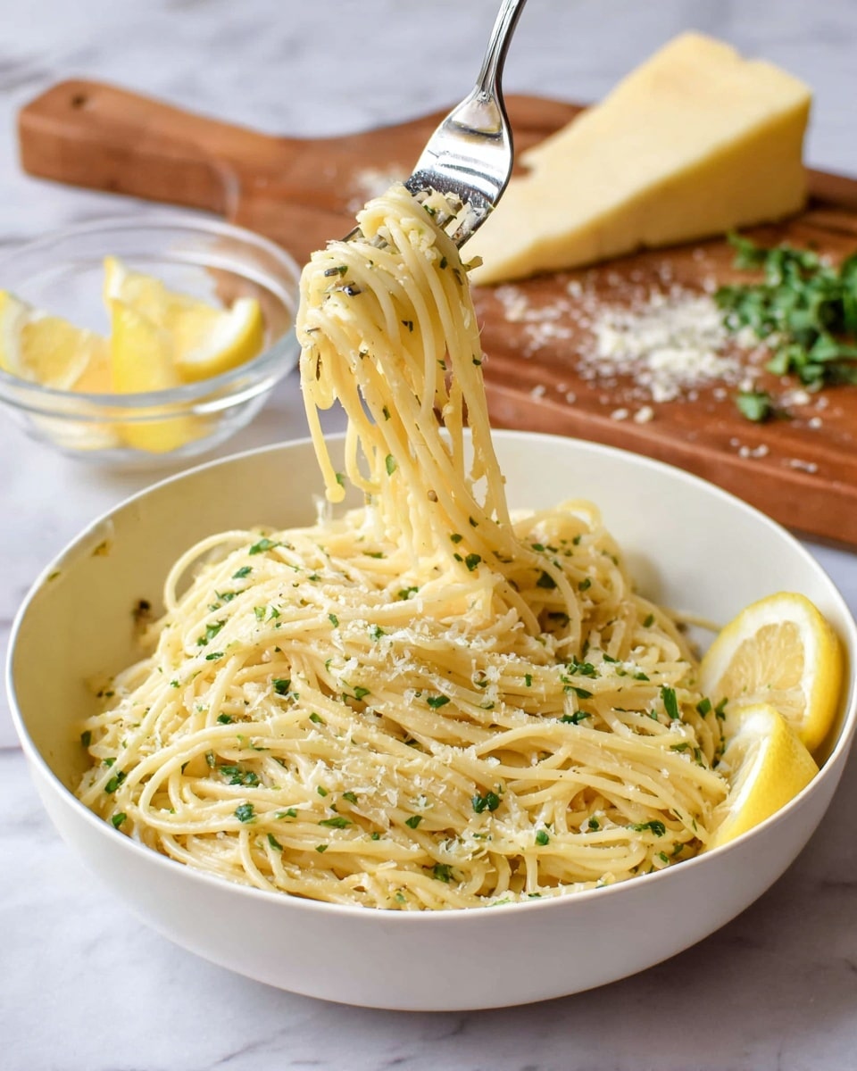 A white bowl is filled with a large serving of spaghetti pasta, coated in a light sauce with small green herb pieces sprinkled all over. The pasta is twisted around a silver fork held above the bowl, showing the strands clearly. Two lemon wedges rest on the right side inside the bowl. In the background, a wooden board holds a chunk of hard yellow cheese with some grated bits scattered around, along with a sprig of fresh green herbs. Behind that, a small clear glass bowl contains two lemon wedges. The whole scene sits on a white marbled surface. photo taken with an iphone --ar 4:5 --v 7