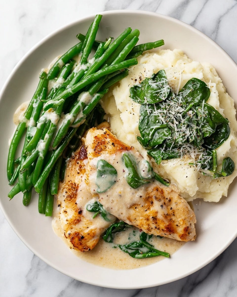 A close-up of four golden-brown cooked chicken pieces in a creamy white sauce with visible wilted green spinach leaves scattered evenly around and underneath the chicken. The dish is in a shiny silver pan sitting on a white marbled surface, highlighting the warm colors and smooth texture of the sauce. photo taken with an iphone --ar 4:5 --v 7