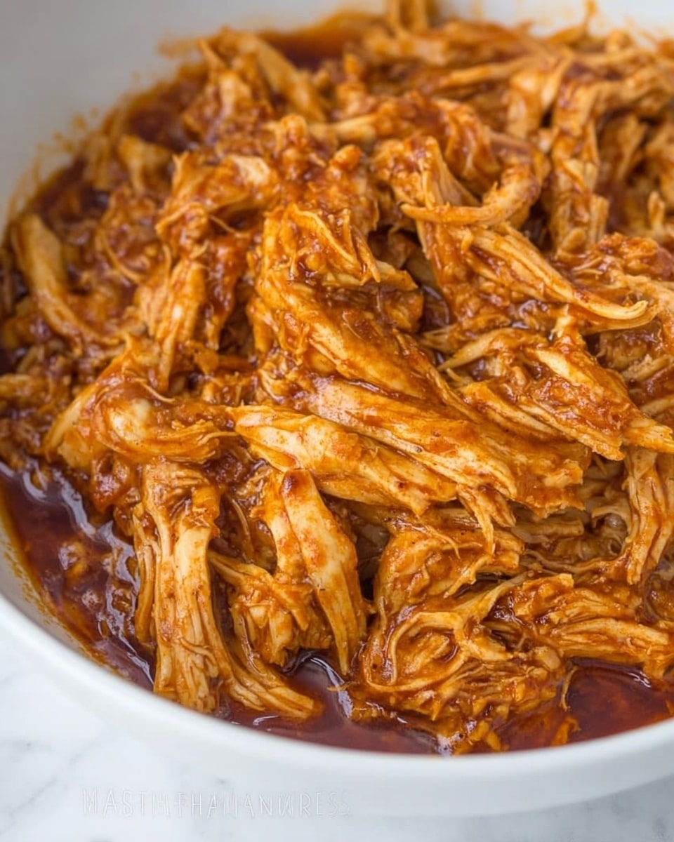 The image shows a close-up view of shredded cooked chicken soaked in a thick, dark reddish-brown sauce inside a white bowl. The chicken pieces are tender and fibrous, mixing with the glossy, rich sauce that coats every piece evenly. The shredded layers create a textured, uneven surface with some larger chunks alongside thinner strands of meat. The bowl sits on a white marbled surface. photo taken with an iphone --ar 4:5 --v 7