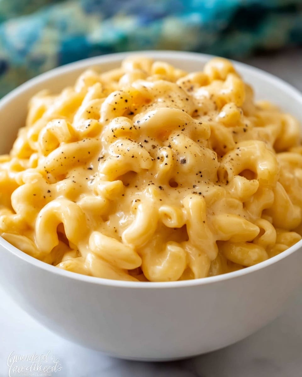 A white bowl filled with creamy macaroni and cheese, showing about one thick layer of elbow macaroni pasta covered in smooth, melted cheese sauce with a light yellow color. The macaroni is piled up high inside the bowl, with specks of black pepper sprinkled on top, adding texture. The bowl sits on a white marbled surface with a soft focus on the background, which shows blurred green and blue tones. The cheese sauce looks shiny and rich, enveloping each curved piece of macaroni evenly. Photo taken with an iphone --ar 4:5 --v 7