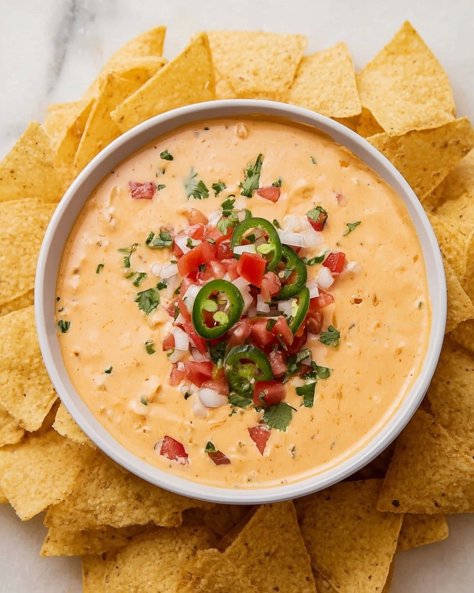 A round white bowl filled with creamy orange cheese dip sits in the center, topped with small cubes of red tomatoes, white chopped onions, chopped green cilantro, and thin slices of green jalapeño peppers. Surrounding the bowl is a layer of light yellow triangular tortilla chips evenly spread out on a white marbled surface. The cheese dip has a smooth texture with some small bits visible inside. photo taken with an iphone --ar 4:5 --v 7