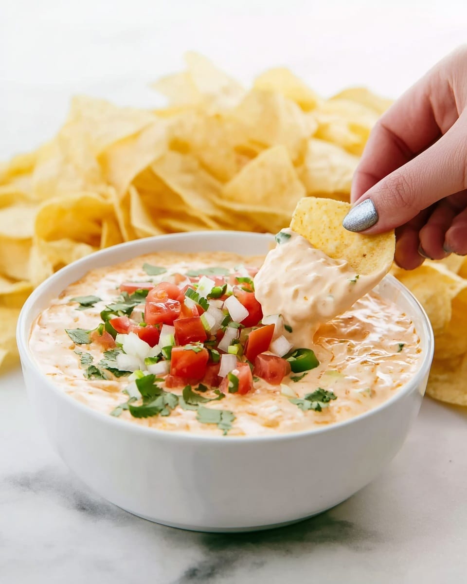 A white bowl filled with creamy orange cheese dip, topped with small red tomato cubes, chopped white onions, green cilantro leaves, and sliced green jalapeños, sits on a white marbled surface. Behind the bowl, there is a pile of pale yellow tortilla chips. A woman's hand with gray nail polish holds one chip dipped halfway into the cheese dip. The dip looks smooth and thick, coating the chip lightly. Photo taken with an iphone --ar 4:5 --v 7