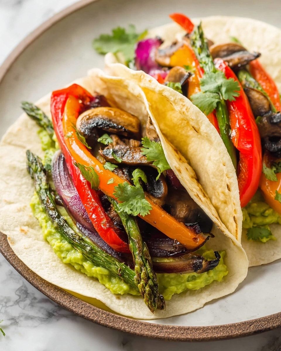The image shows a pan with cooked vegetables, including bright red bell pepper rings, green asparagus spears, and thick slices of golden-brown mushrooms. The vegetables look soft and have some charred edges. Small green herb pieces are sprinkled on top, adding freshness. The pan has a dark, rough texture inside, and the background is a white marbled surface. photo taken with an iphone --ar 4:5 --v 7