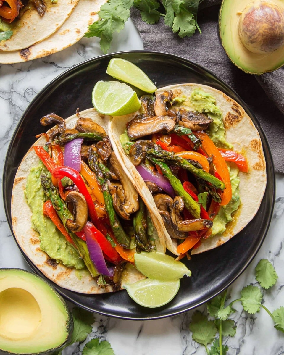 Two soft white flour tortillas fold gently around layers of bright green mashed avocado spread evenly on the bottom. On top, vibrant vegetables create colorful layers: deep brown sautéed mushrooms, bright green asparagus spears, red and orange bell pepper slices, and purple-red onions. Small green cilantro leaves sprinkle the top adding fresh detail. The tortillas sit on a clean white plate with a white marbled surface beneath. Photo taken with an iphone --ar 4:5 --v 7