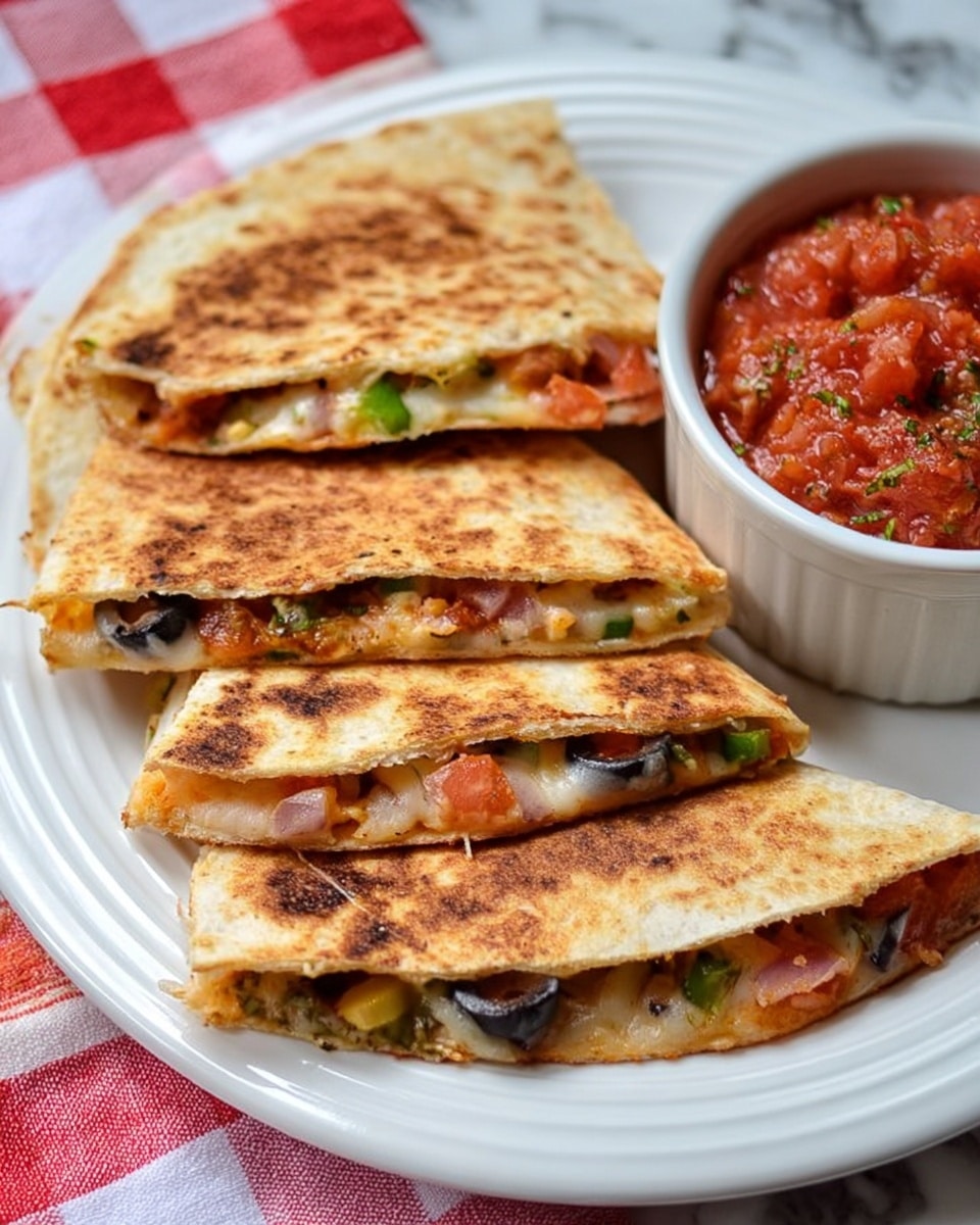 The image shows a white plate with five folded quesadilla slices arranged in a slightly overlapping line. Each slice has a golden-brown toasted tortilla layer on the outside, with a melted white cheese layer inside. Visible inside the cheese layer are small pieces of green pepper, red onion, and black olives, creating a colorful mix of green, red, and black in the creamy cheese. To the right of the quesadilla slices, there is a white bowl filled with a chunky red tomato salsa. The plate is on a white marbled surface with a red and white checkered cloth partially visible underneath. The photo taken with an iphone --ar 4:5 --v 7