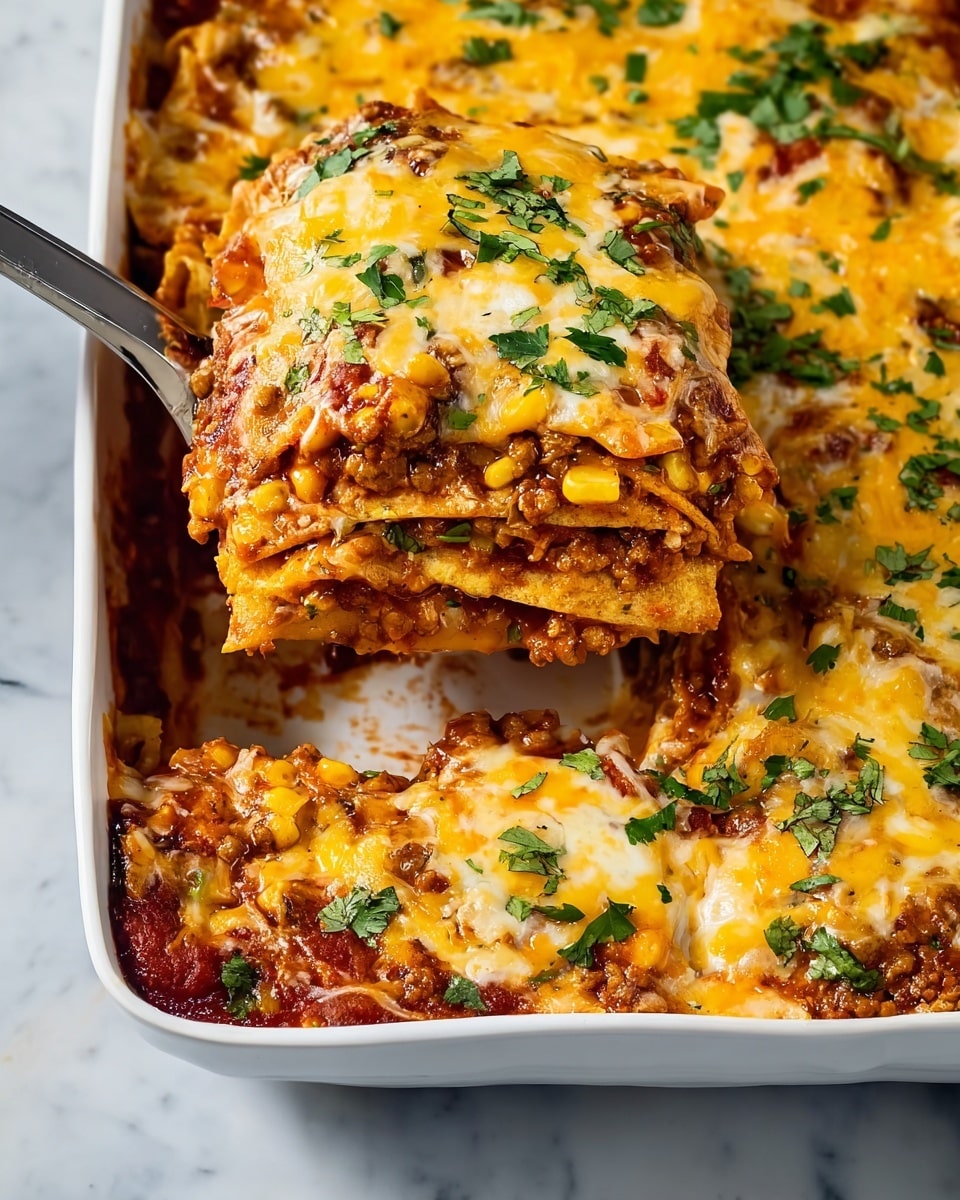 The image shows a white rectangular baking dish filled with a layered enchilada casserole. The bottom layer consists of soft corn tortillas soaked in a rich red sauce, topped with a layer of seasoned ground meat and vegetables including visible corn kernels. Above this is a thick layer of melted yellow and white cheese, slightly browned and bubbly, sprinkled with fresh chopped green cilantro. A portion of the casserole is being lifted from the dish with a metal spatula, revealing the multiple layers clearly and the sauce coating the edges. The background is a white marbled surface. Photo taken with an iphone --ar 4:5 --v 7