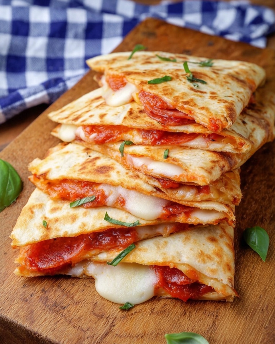 The image shows four folded quesadillas stacked on a wooden board, each with a golden-brown toasted tortilla exterior. Inside each quesadilla, there is a layer of melted white cheese and a layer of bright red tomato sauce with visible pieces of red pepperoni, with some fresh green basil leaves scattered on top and around for garnish. The edges of the cheese are slightly melted and gooey, peeking out from the folded tortillas. The background includes a blue and white checkered cloth, and the overall scene is warm and inviting. Photo taken with an iphone --ar 4:5 --v 7