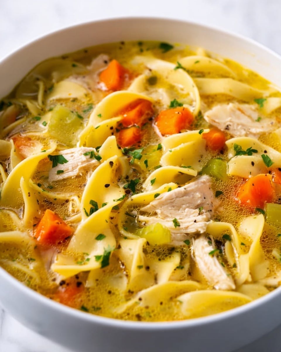 A white bowl filled with warm chicken noodle soup sits on a white marbled surface. The soup has broad yellow egg noodles twisted and layered, mixed with bright orange carrot chunks and light green celery pieces scattered throughout. Tender light brown pieces of chicken are nestled among the noodles and vegetables. The broth is a golden yellow color with small bubbles and specks of black pepper and green herbs floating on top, adding texture and color contrast. photo taken with an iphone --ar 4:5 --v 7