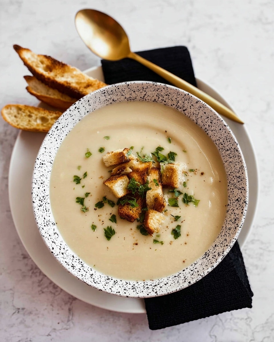 A bowl filled with smooth, creamy beige soup topped with small, toasted golden brown bread pieces and chopped fresh green herbs in the center. The bowl is white with black speckles, placed on a plain white plate, which rests on a black cloth. Two pieces of toasted bread are on the white marbled surface beside the plate. A golden spoon is placed above the bowl on the white marbled background. photo taken with an iphone --ar 4:5 --v 7