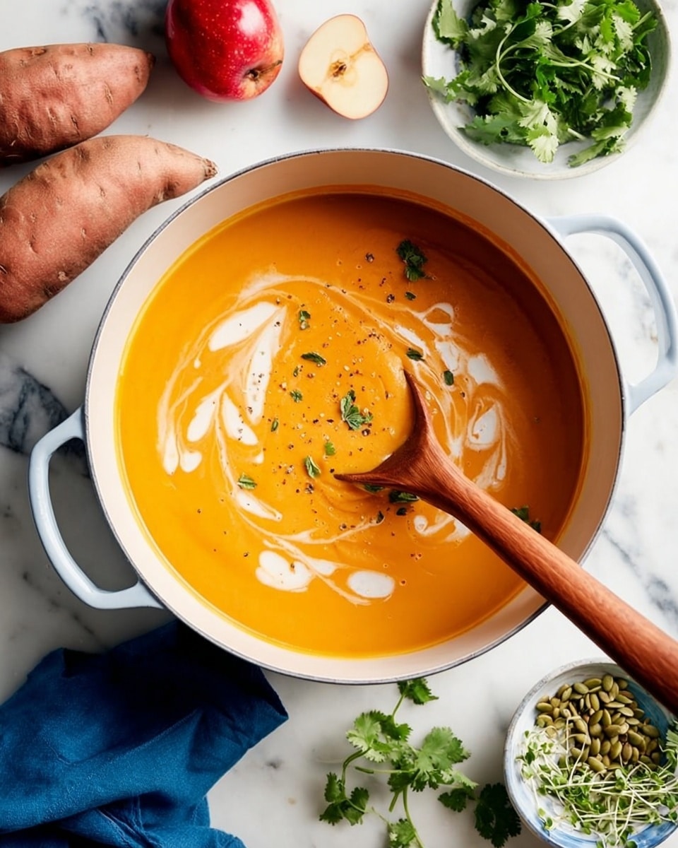 A white pot filled with bright orange creamy soup, swirled with white cream on top, and small black pepper pieces sprinkled across the surface, a wooden spoon partially dipped into the soup creating a gentle swirl, surrounding the pot are light brown sliced bread pieces, a small white bowl of green pumpkin seeds, and a wooden board with green microgreens, all set on a white marbled background with a blue cloth nearby photo taken with an iphone --ar 4:5 --v 7