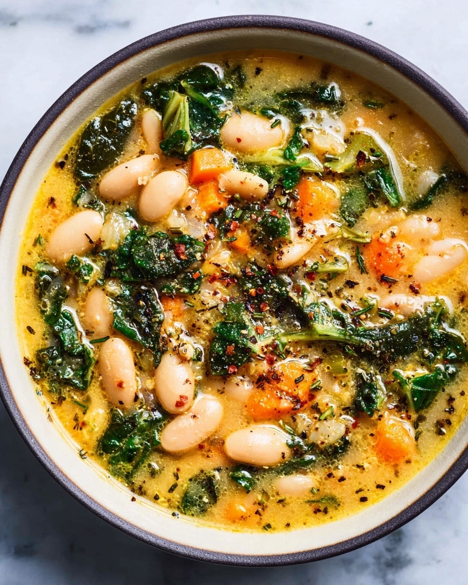 A close-up of a white bowl filled with a thick soup that has a mix of white beans, dark green leafy vegetables, and small orange carrot pieces throughout. The soup base is creamy with a warm yellow-orange color and has visible sprinkling of herbs and cracked black pepper on top. The bowl sits on a white marbled surface that contrasts with the dark rim of the bowl, highlighting the vibrant soup inside. Photo taken with an iphone --ar 4:5 --v 7
