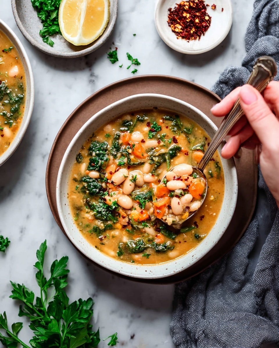 A bowl filled with thick soup made of white beans, bright orange carrot pieces, and green leafy vegetables mixed into a creamy light brown broth sits on a white marbled surface. The soup bowl is white inside with a brown rim and base. A woman's hand holds a spoon scooping some soup, showing the chunky texture with visible beans and greens. Nearby, there is a small white bowl of dark red chili flakes and a white plate with a bright yellow lemon and chopped green herbs. Fresh green parsley leaves are scattered around the surface, which has a white marbled texture with a grey cloth partially visible. Photo taken with an iphone --ar 4:5 --v 7