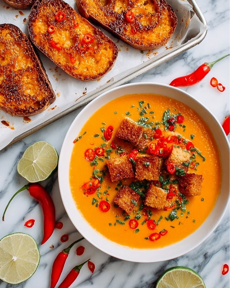 A white bowl is filled with bright orange soup, smooth in texture, topped with golden brown toasted bread cubes scattered on the surface. Small red chili slices and green chopped herbs are sprinkled over the soup and toast, adding vibrant red and green touches. To the top left, there is a white baking tray with four slices of toasted bread, showing a rich orange spread baked on top. Around the bowl and tray, whole red chilies and lime wedges rest on a white marbled surface, creating a fresh and colorful background. Photo taken with an iphone --ar 4:5 --v 7