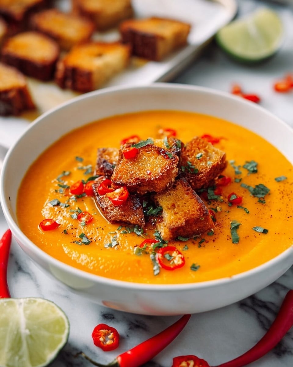 A white bowl filled with smooth, orange soup as the base layer, topped with golden brown toasted bread cubes that look crispy, sprinkled with small pieces of red chili and fresh green herbs. The bowl is placed on a white marbled texture surface, with a wedge of lime and several whole red chilies scattered around. In the blurred background, more toasted bread pieces are visible on a tray. Photo taken with an iphone --ar 4:5 --v 7