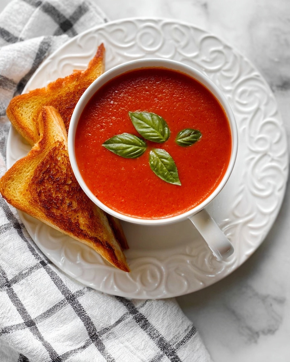 A white cup filled with smooth red tomato soup sits on a white plate with swirl patterns. On top of the soup are three fresh green basil leaves. Two golden brown toasted sandwich triangles rest against the cup on the plate. The plate is placed on a white marbled surface with a white and black checkered cloth nearby. Photo taken with an iphone --ar 4:5 --v 7