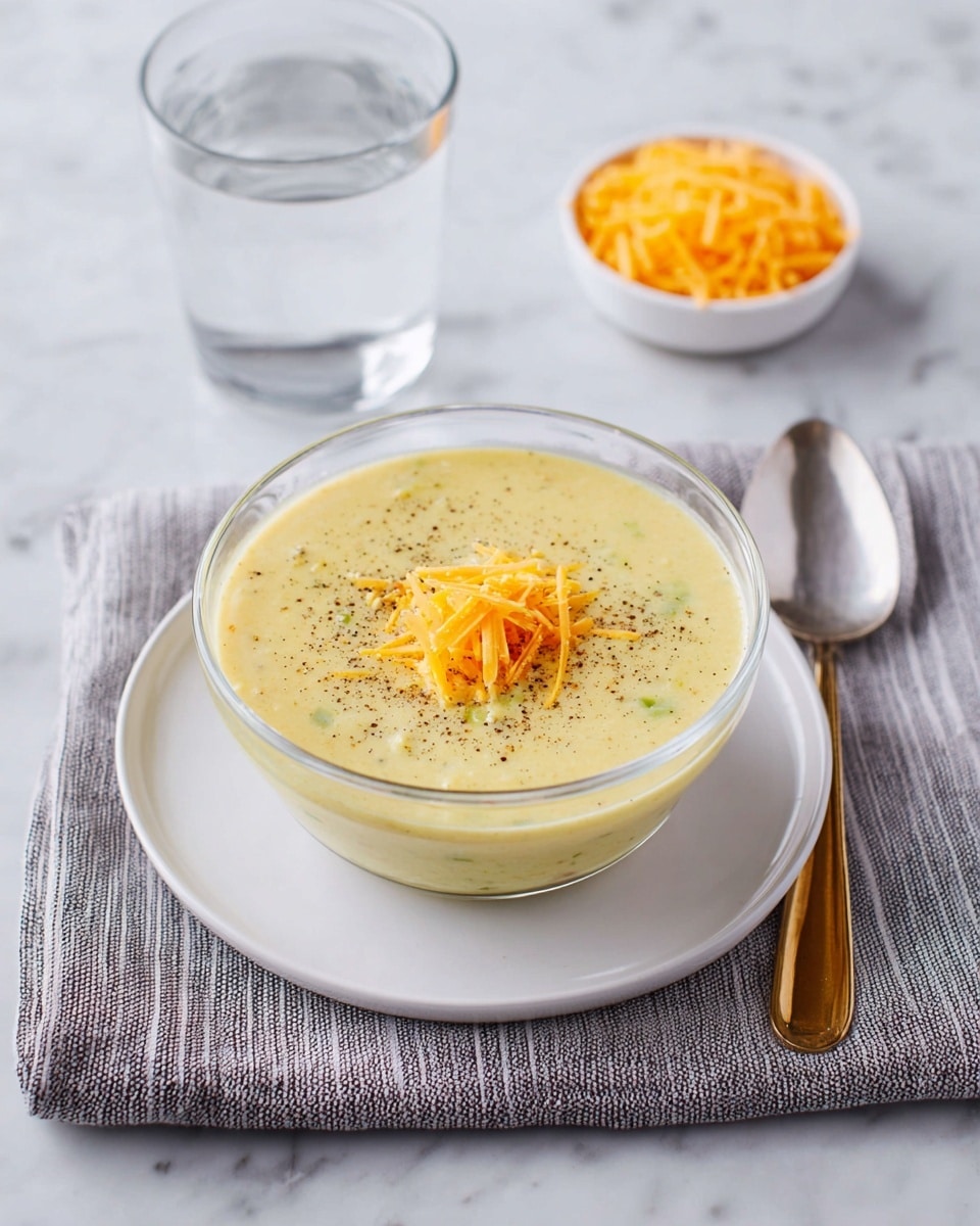 A clear glass bowl filled with thick light yellow soup is placed on a white plate, which rests on a folded gray cloth with thin stripes. The soup has small green and orange bits mixed in and is topped with a small pile of shredded orange cheese and a light sprinkle of black pepper in the center. Behind the bowl, on a white marbled surface, is a clear glass of water and a small white bowl filled with more shredded orange cheese. To the right of the bowl is a silver spoon with a gold handle. Photo taken with an iphone --ar 4:5 --v 7