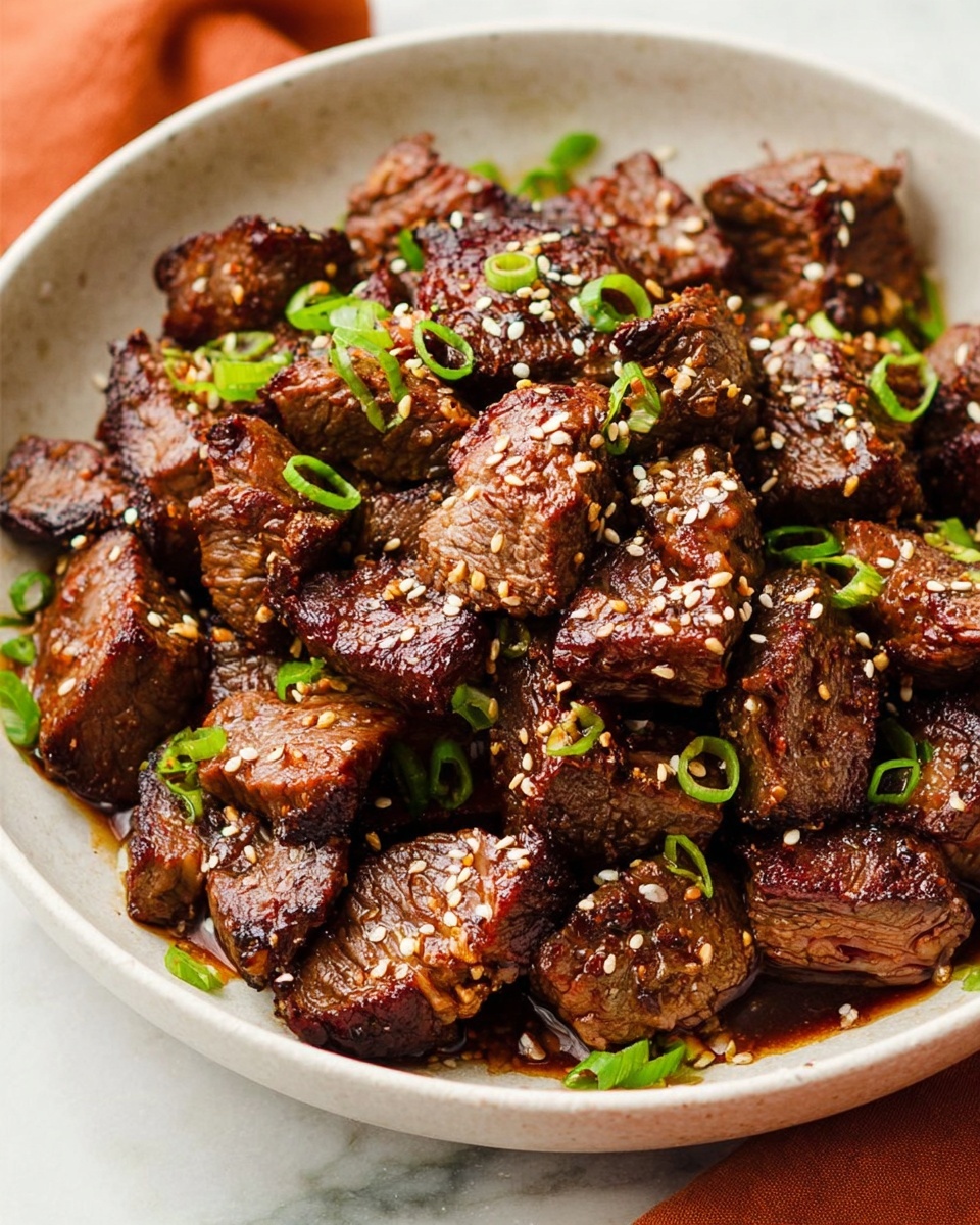The image shows a white bowl filled with many pieces of cooked beef, each chunk seared on the outside with a slightly pink inside. The meat pieces are sprinkled with white sesame seeds and scattered green onion slices. The beef pieces show a rich brown color from the sauce coating them, and some small pools of sauce are visible at the bottom of the bowl. The bowl sits on a white marbled surface with a small part of an orange cloth visible on the side. photo taken with an iphone --ar 4:5 --v 7
