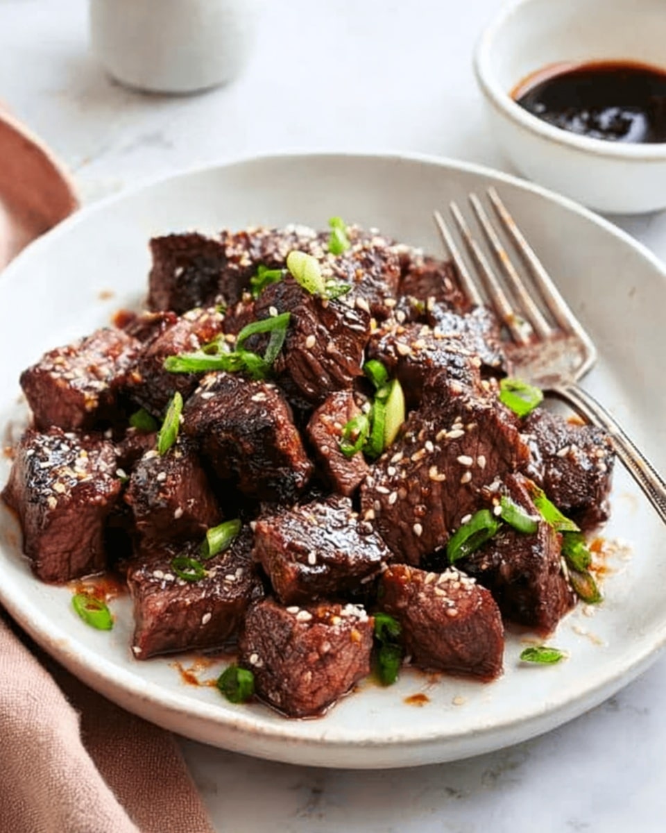 A white round plate holds several pieces of dark brown grilled beef, each piece cut into small cubes. The beef looks juicy and is sprinkled with white sesame seeds and chopped green onions on top. A silver fork rests on the right edge of the plate. In the background, there is a small white bowl with dark brown sauce. The whole scene is set on a white marbled surface. Photo taken with an iphone --ar 4:5 --v 7
