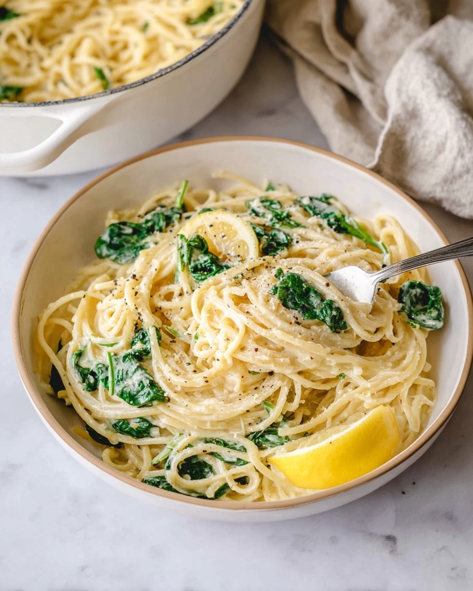 A white bowl filled with three layers of creamy spaghetti pasta mixed with fresh green spinach leaves. The spaghetti is coated in a smooth, light yellow sauce, with some black pepper sprinkled on top. A lemon wedge rests on the right side of the bowl. A fork is placed inside the bowl, slightly lifting some spaghetti. In the background, there is a white pot with more spaghetti pasta on a white marbled surface, next to a beige cloth napkin. photo taken with an iphone --ar 4:5 --v 7
