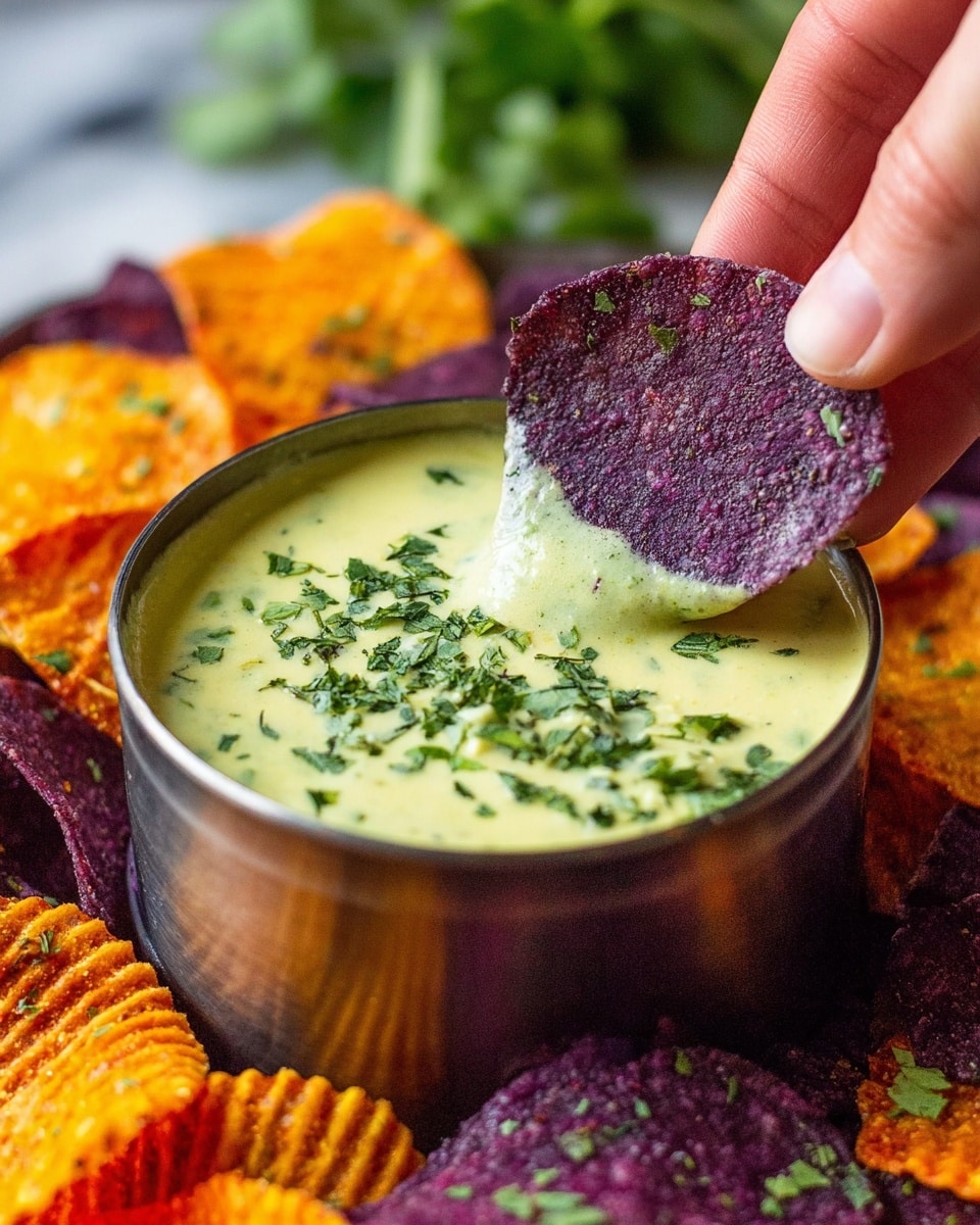 A white plate filled with ridged, colorful chips in three main colors: deep purple, bright orange, and yellow with green edges, arranged around a small metal bowl of creamy, pale yellow-green dip speckled with tiny green herbs, all set on a white marbled surface. photo taken with an iphone --ar 4:5 --v 7