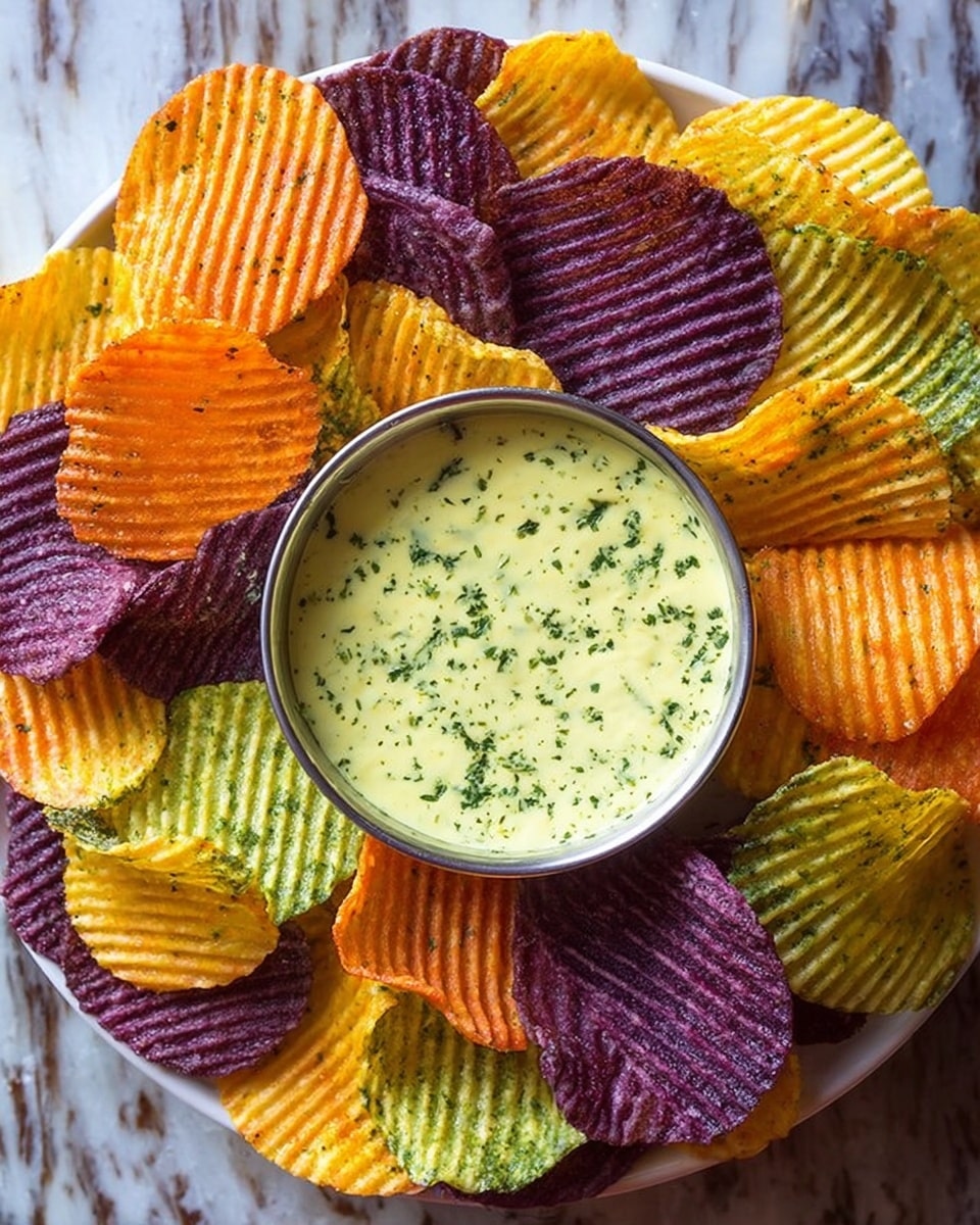 A close-up image shows a woman's hand holding a deep purple chip dipped into a creamy light green sauce topped with finely chopped green herbs. The sauce fills a round metal bowl, which is surrounded by a mix of ridged orange and deep purple chips. The whole scene rests on a white marbled surface with some blurred green leaves in the background. Photo taken with an iphone --ar 4:5 --v 7