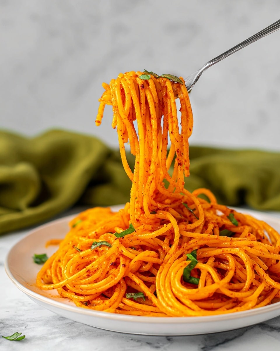 A white plate holds seven small nests of bright orange spaghetti, each coated evenly with a smooth sauce that has a slight speckled texture from tiny red seasoning bits. Green herb pieces are scattered lightly on top of the pasta, adding small pops of color. A silver fork lifts a portion of the spaghetti high above the plate, showing the long, thin strands hanging down in loose loops. The scene is set on a white marbled surface with a blurred olive green cloth in the background, giving a fresh and clean look. Photo taken with an iphone --ar 4:5 --v 7