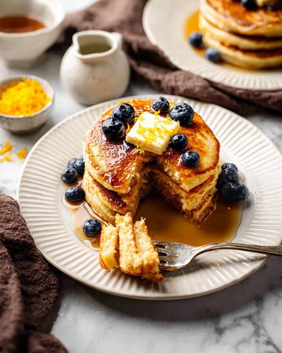 A stack of seven golden brown pancakes sits in the center of a white plate with subtle round patterns. Between each pancake layer, the texture is soft and slightly fluffy. On top, there is a small square of light yellow butter melting slowly, surrounded by many fresh dark blue blueberries scattered on the pancakes and around the plate. A golden brown syrup is being poured in thick streams from a small white pitcher directly onto the pancake stack, dripping down the sides. In the background, there is a blurred glass of bright yellow orange juice and another blurred pancake stack on a white plate, all placed on a white marbled surface. Woman's hand holding the pitcher is barely visible at the top edge of the image. photo taken with an iphone --ar 4:5 --v 7