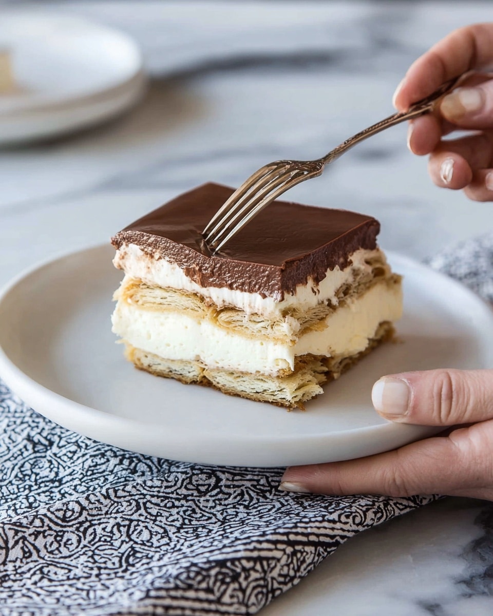 A square dessert with four visible layers sits on a white plate held by a woman's hand. From bottom to top, the first layer is a light brown flaky pastry, followed by a thick creamy white layer, another flaky pastry layer similar to the first, and another thick creamy white layer. The top is covered with a smooth, dark brown chocolate layer. A fork is gently pressed into the dessert from above. The plate rests on a white marbled surface with a black and white patterned cloth beneath it. Photo taken with an iphone --ar 4:5 --v 7