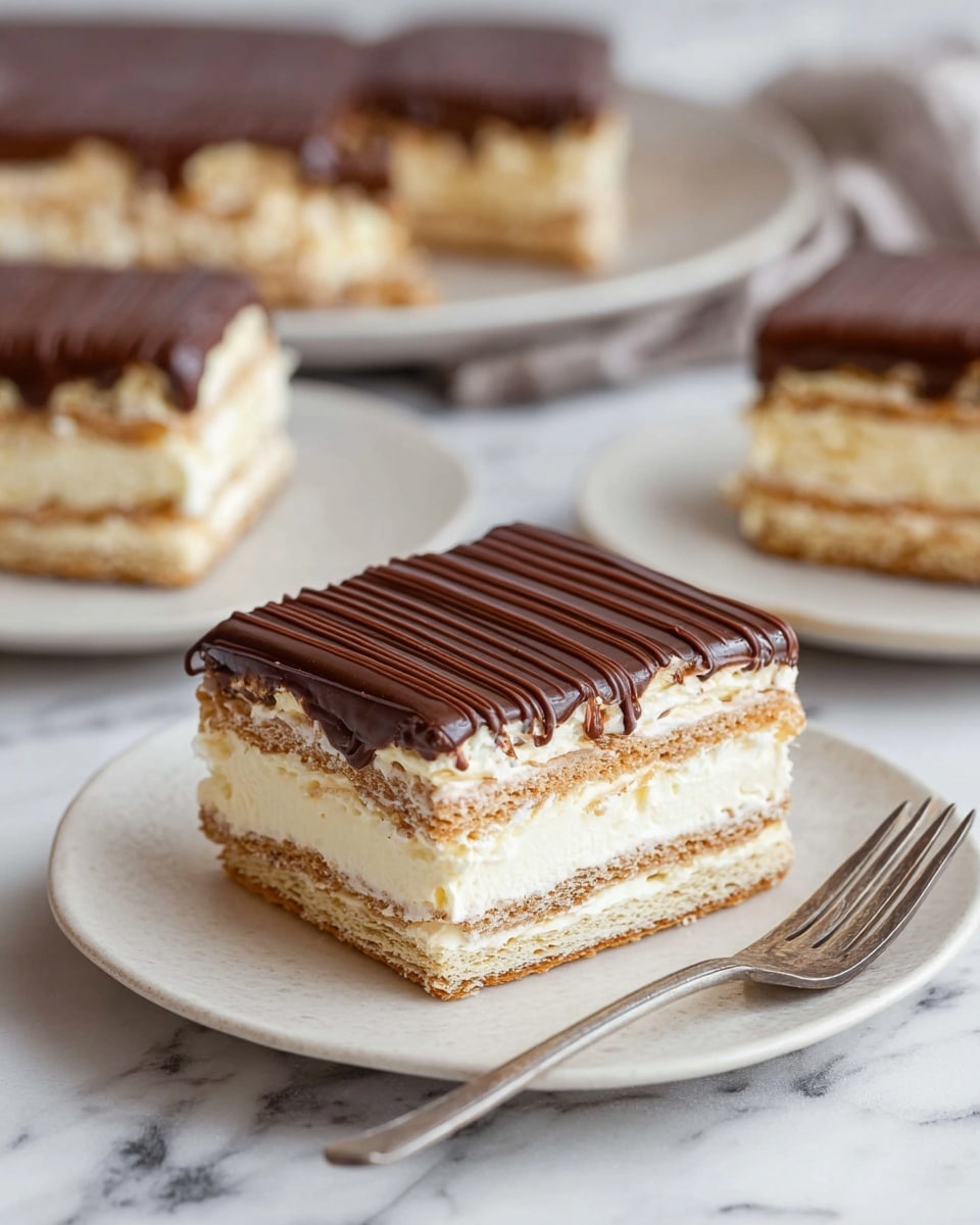 The image shows a square slice of layered dessert on a white plate with a fork beside it. The dessert has five visible layers: three light beige crispy wafer layers alternating with two thick creamy white layers, topped with a smooth, shiny dark brown chocolate layer with evenly spaced lines running across it. In the background, there are three more similar dessert slices on white plates, all set on a white marbled surface. The focus is on the front slice, which looks soft and rich, highlighting the textures of the cream, crisp wafers, and glossy chocolate top. photo taken with an iphone --ar 4:5 --v 7