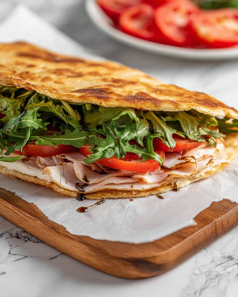 The image shows a flat sandwich with two golden-brown flatbread layers. The bottom layer has thin light pink slices of turkey, topped with bright red tomato slices. On top of the tomato, there is a thick layer of fresh green arugula with some balsamic glaze drizzled. The top flatbread layer is slightly folded back to reveal the filling. The sandwich rests on white parchment paper over a wooden board, and the background is a white marbled surface with a blurred plate of sliced red tomatoes. Photo taken with an iphone --ar 4:5 --v 7