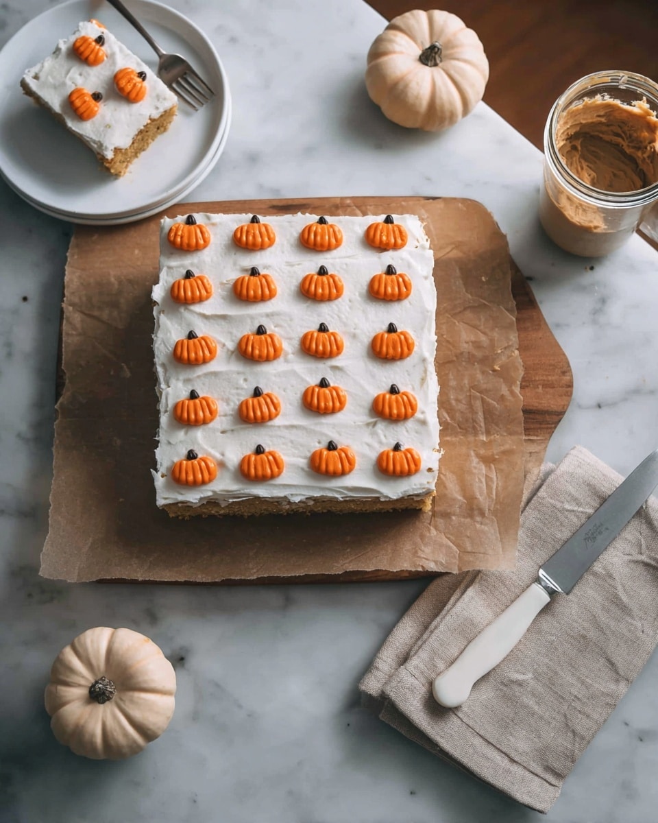 A square two-layer cake with white frosting is shown on a wooden board covered partly with brown parchment paper, set on a white marbled surface. The cake's top layer is decorated with 28 small orange pumpkin shapes, each topped with a tiny dark round dot, arranged neatly in rows. A piece of the cake has been removed from the top left corner and placed on a white plate beside the main cake, with a silver fork resting on the plate's edge. To the right of the cake, there is a jar with light brown frosting and a beige cloth napkin below a silver knife with a white handle. A small pale pumpkin sits near the jar on the white marbled surface. The lighting is soft, making the scene cozy and inviting. photo taken with an iphone --ar 4:5 --v 7