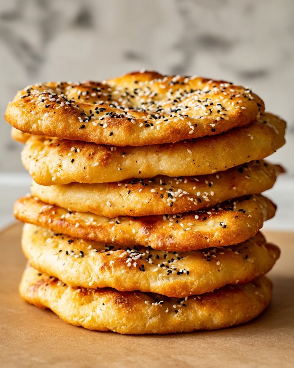 Four round flatbread pieces are placed evenly on a baking tray lined with brown parchment paper. Each flatbread is golden yellow, slightly puffy, with a textured crust that shows some small dimples and cracks. The tops are sprinkled with black and white sesame seeds mostly centered, adding a speckled look. The edges of the tray are worn and browned from use, contrasting with the clean, smooth parchment. A woman's hand is visible on the lower right corner holding a white cloth, gripping the tray. The tray is set on a white marbled surface. photo taken with an iphone --ar 4:5 --v 7
