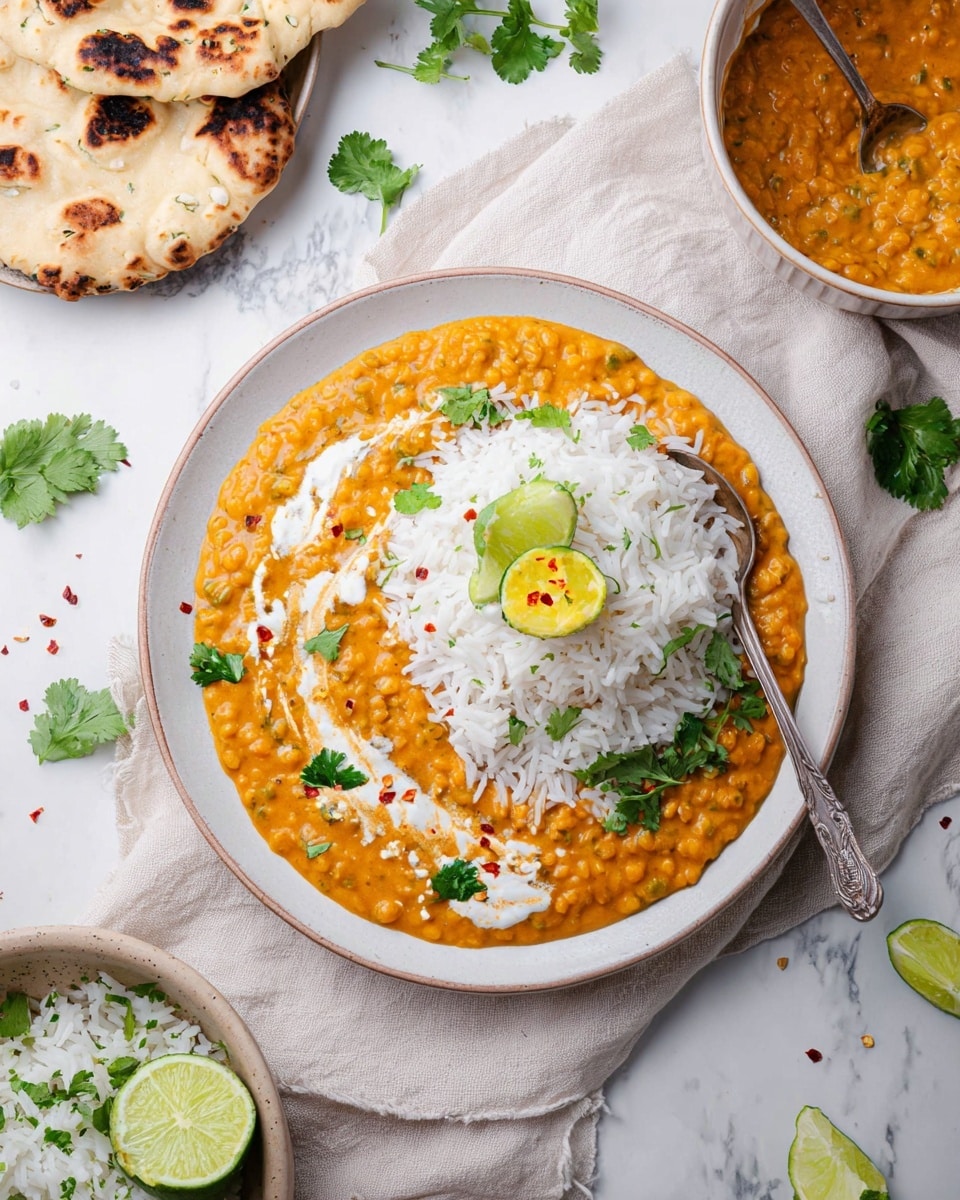 A white bowl filled with thick orange lentil soup topped with small dollops of white cream and scattered bright green cilantro leaves. A piece of folded flatbread rests on the edge of the bowl, slightly dipped into the soup. A silver spoon is placed inside the bowl, partially submerged. The bowl sits on a white marbled surface with some fresh cilantro leaves and lime wedges scattered around. Photo taken with an iphone --ar 4:5 --v 7
