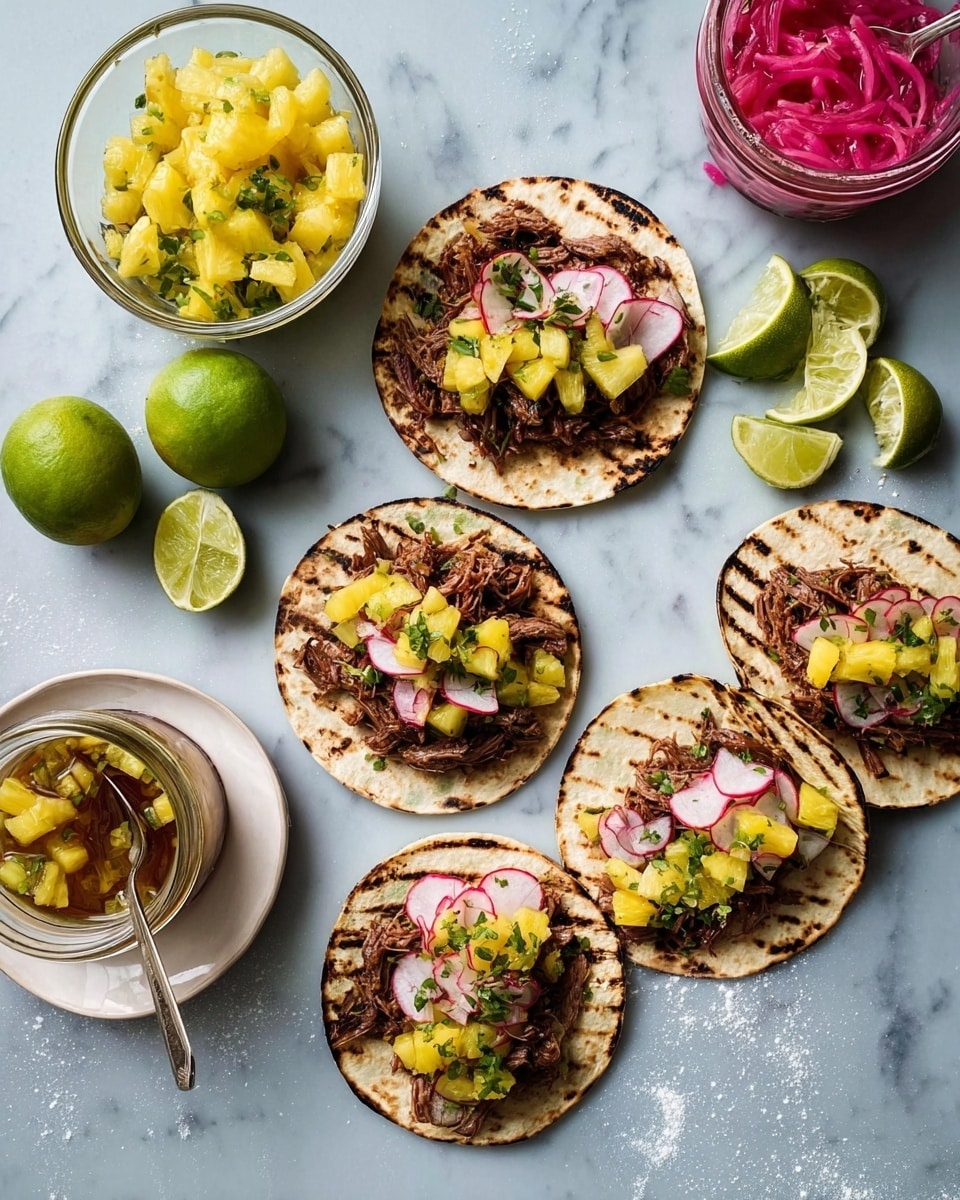 The image shows six small white tortillas with dark grill marks, each layered with shredded brown meat, followed by bright yellow chunks of pineapple, thinly sliced pale pink radishes, and small pieces of green herbs on top. Surrounding the tortillas are three whole green limes, one lime cut in half, several lime wedges on a white round dish, a clear glass bowl with a mix of yellow pineapple and green herbs with a whole lime inside, a clear glass cup with red pickled onions and a spoon, and a smaller clear bowl with pineapple pieces and a spoon. The background is a white marbled texture with some scattered white powder. photo taken with an iphone --ar 4:5 --v 7